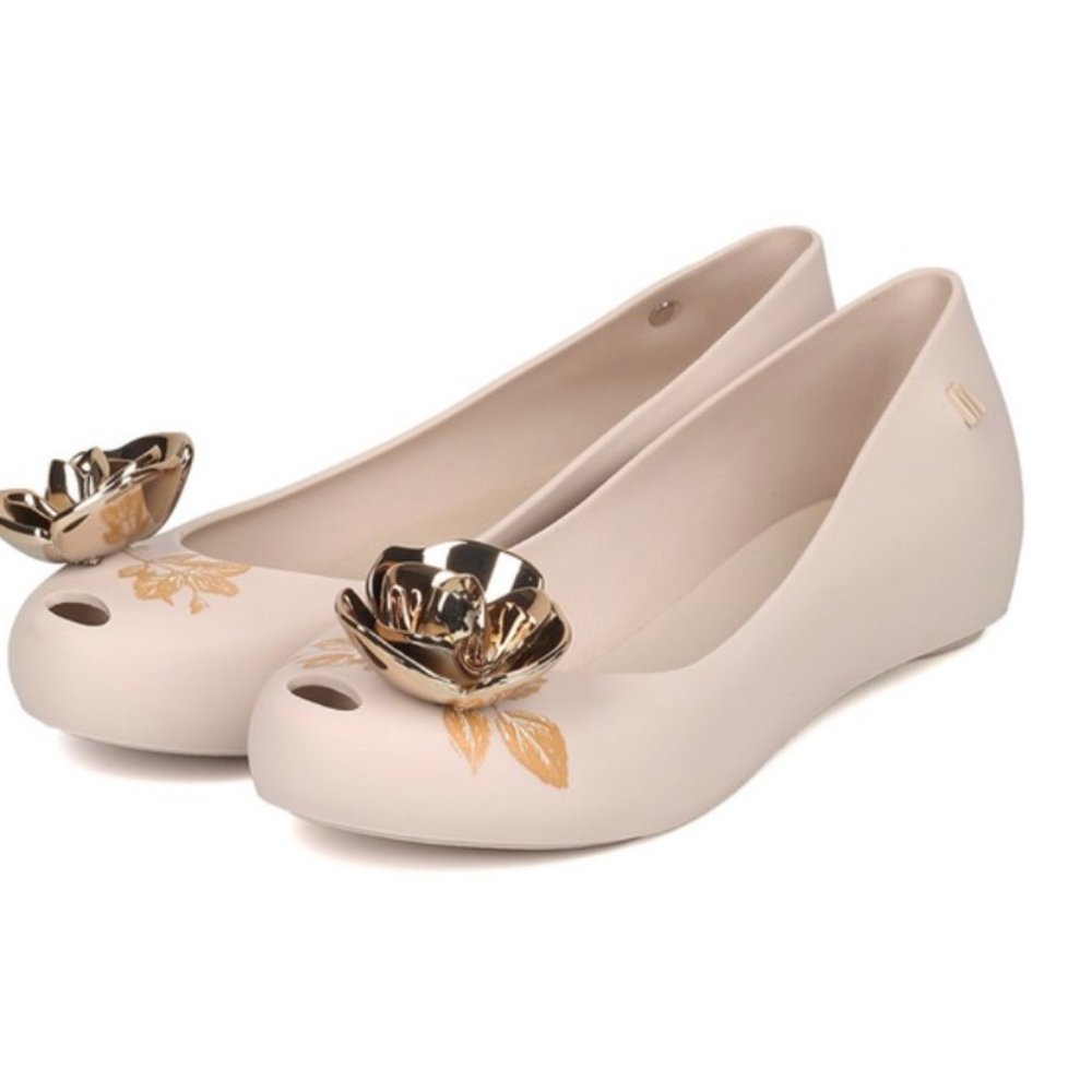 Melissa x Disney Beauty & the Beast Metallic Rose Slip-On Ballet Flat Slipper 7